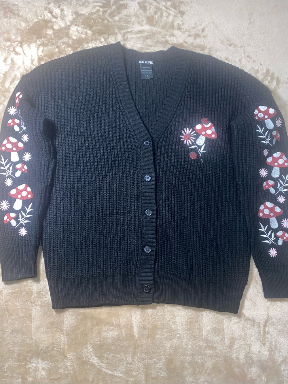 Hot Topic Black Cardigan with Red & White Mushroom Embroidery
